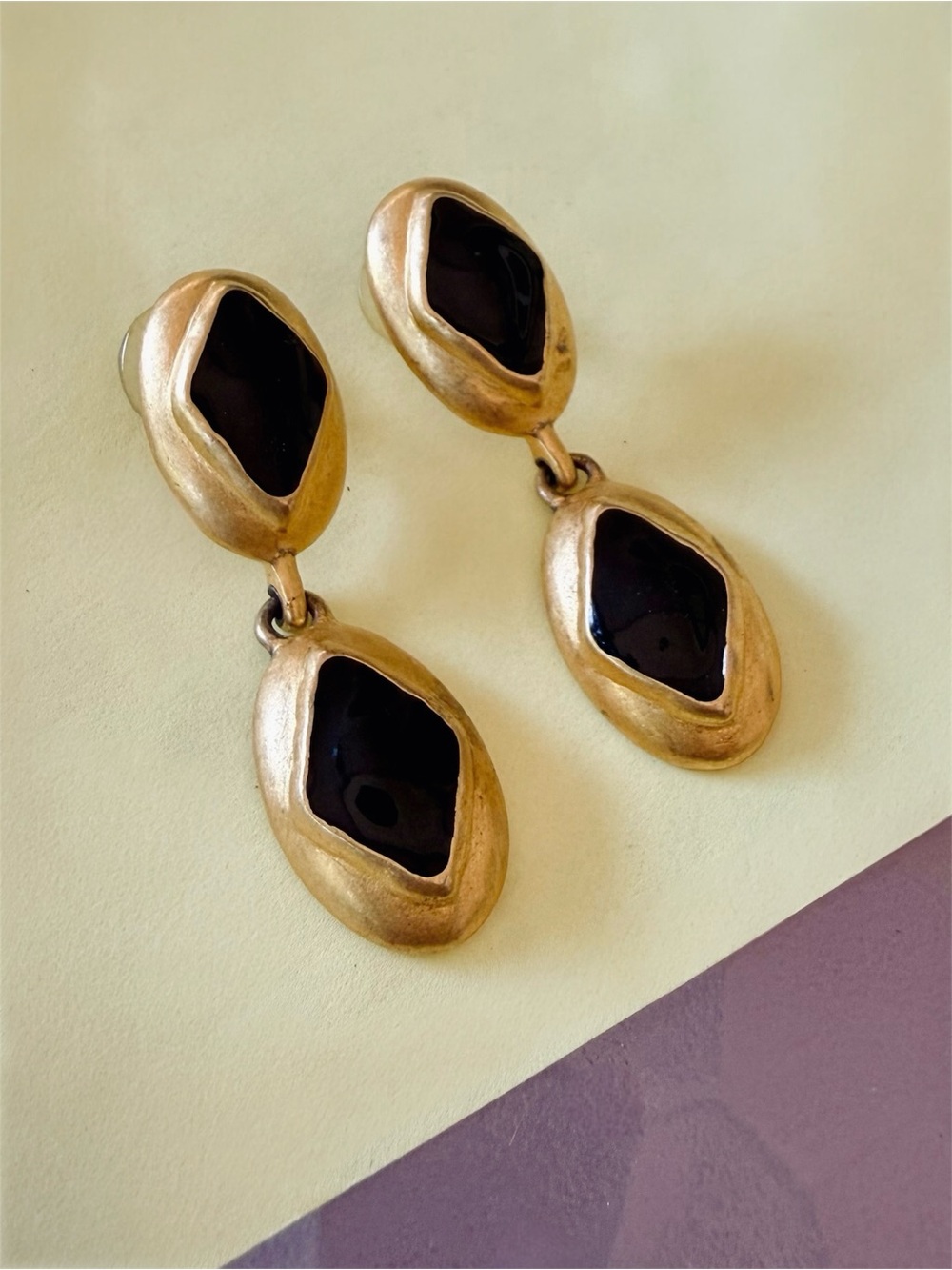 Gold-Tone Black Enamel Double Drop Statement Earrings